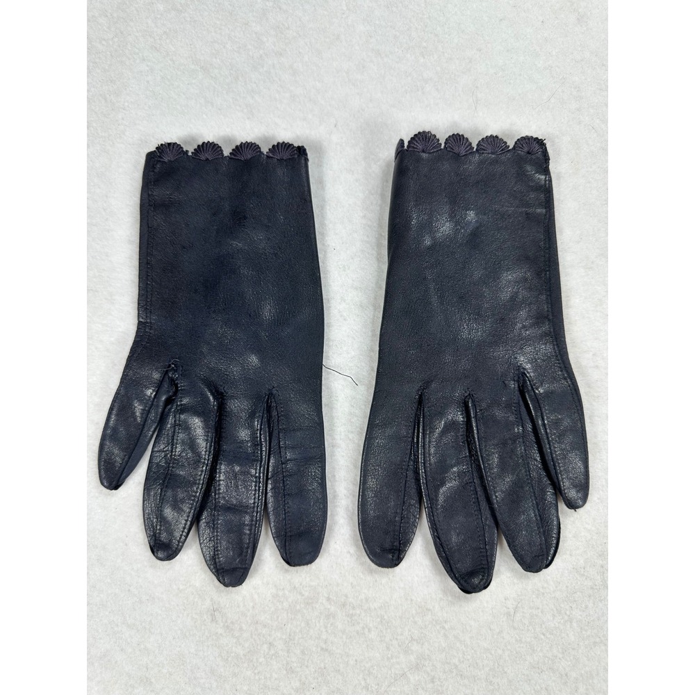 Vintage Leather Gloves Bundle Mint Green Scalloped Navy Blue Shell Trim 2 Pairs